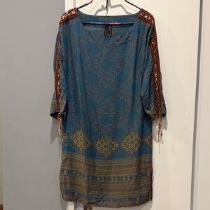 Free People Bohemian Blue and Brown Women's Dress